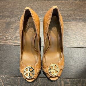 Tory Burch Leticia Peep-Toe Leather Wedges